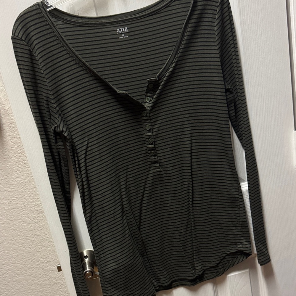 a.n.a Women's Dark Green Striped Button Down Shirt